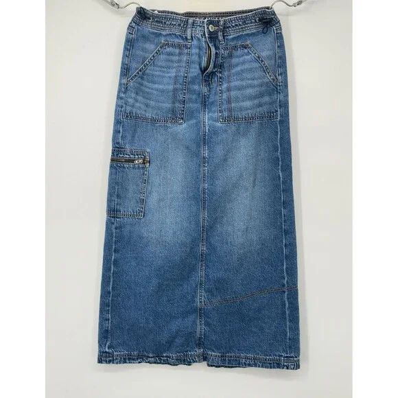 American Eagle Womens Low Rise Maxi Denim Skirt Size 2 Medium Wash Cargo Pocket - Picture 1 of 12